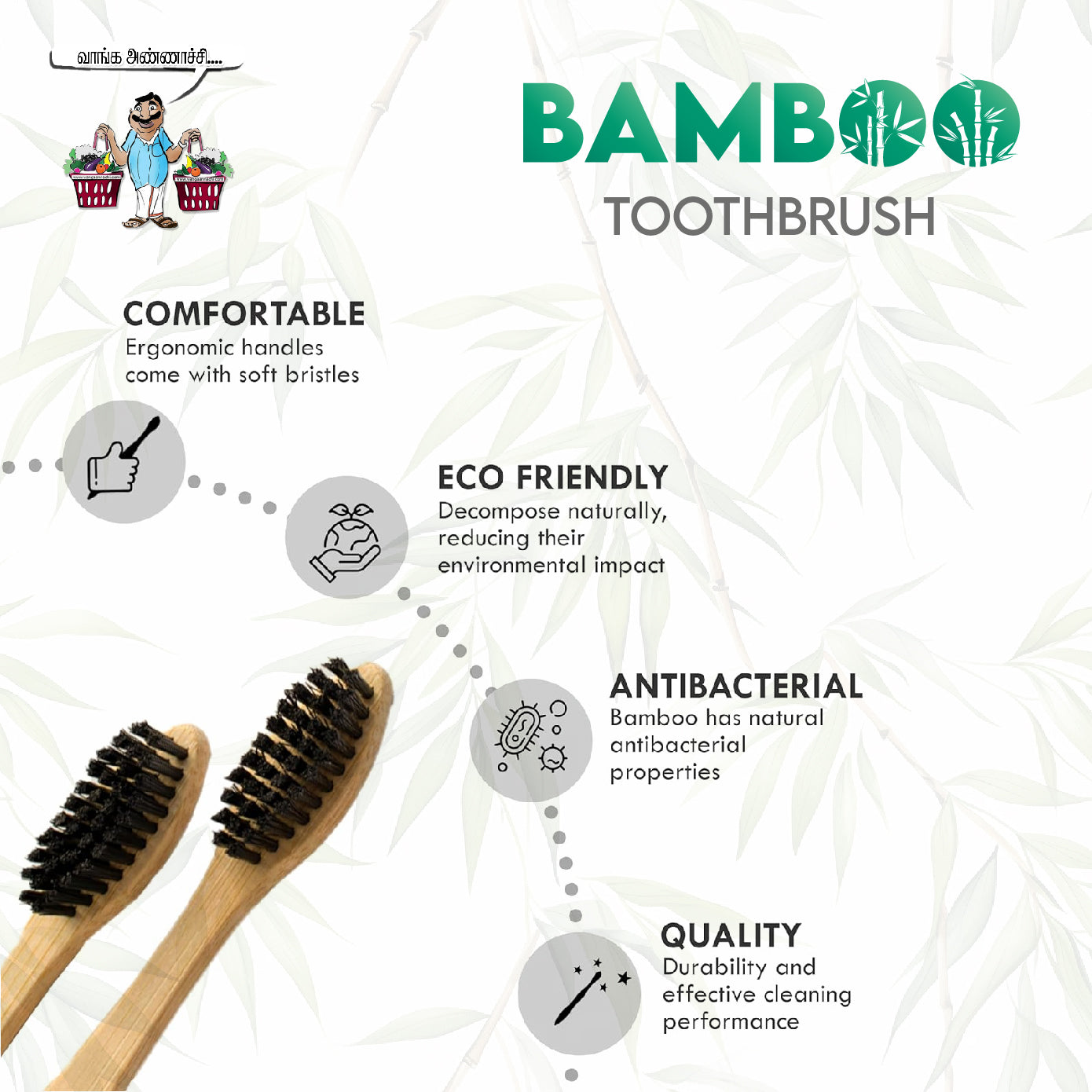 Bamboo Toothbrush with Soft Charcoal Bristles - 4 Piece