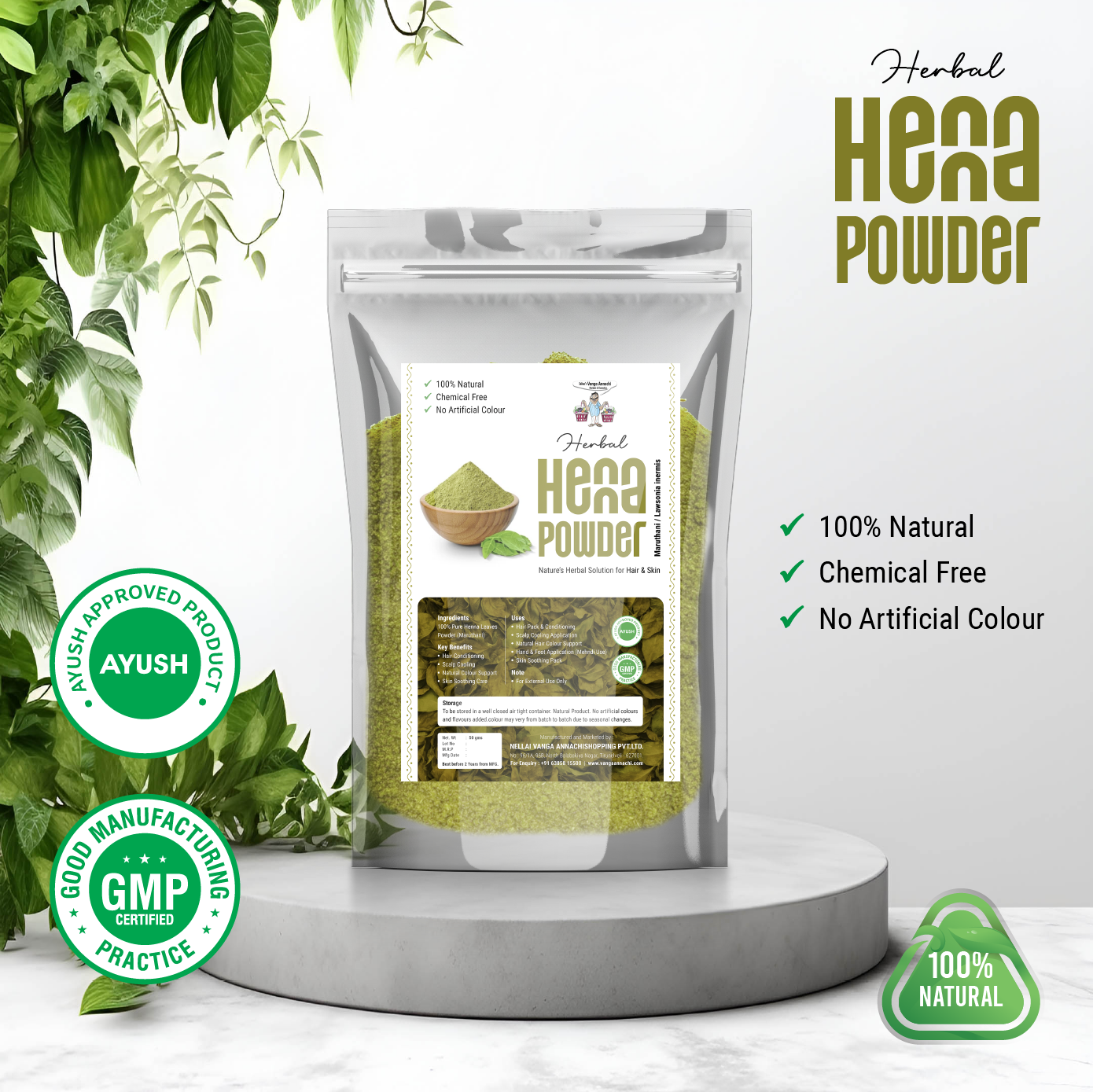 Herbal Henna Powder (Maruthani) – 100% Pure Henna Leaves Powder for Hair & Skin