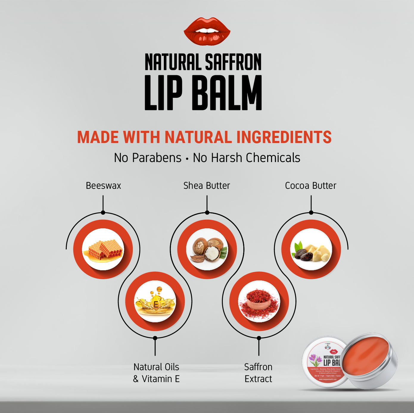 Natural Saffron Lip Balm - Pure Herbal Lip Care for Dry, Chapped & Dark Lips