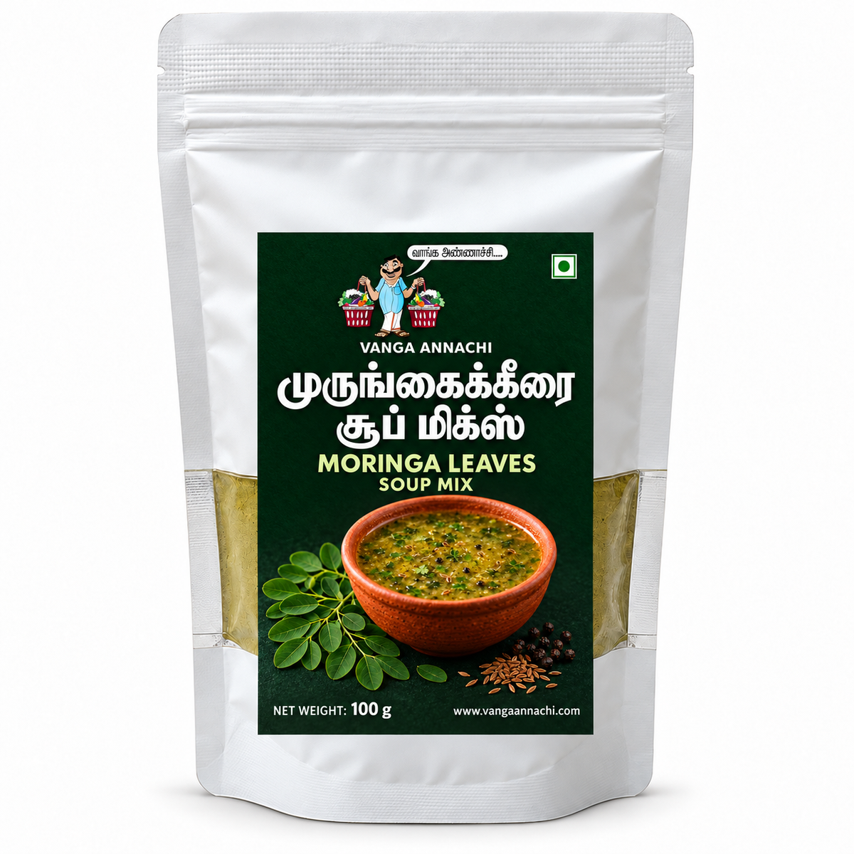 Vanga Annachi Moringa Leaves Soup Mix 100 g pouch mockup