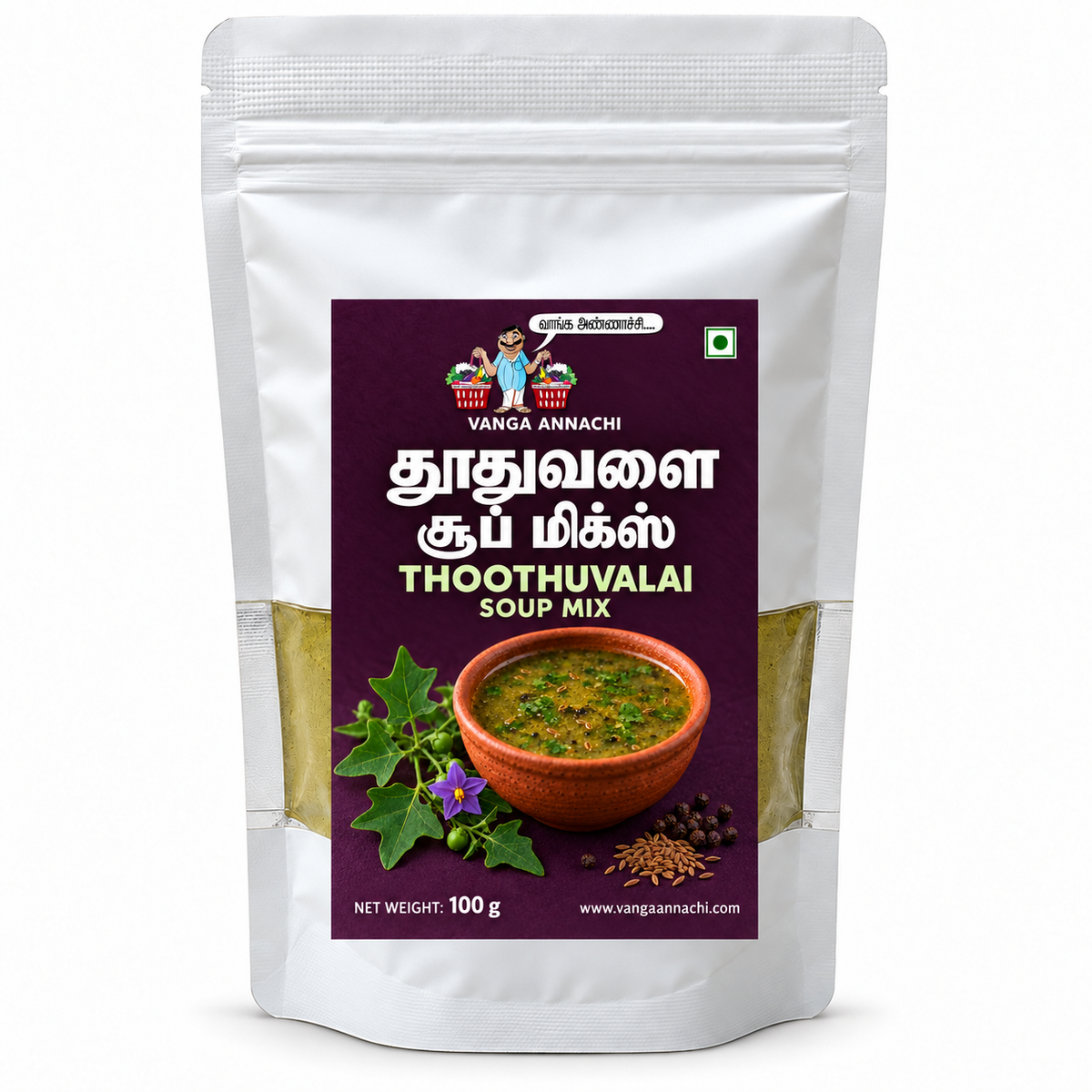 Vanga Annachi Thoothuvalai Soup Mix 100 g pouch mockup
